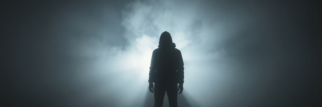 Silhouette of a person standing in the fog.