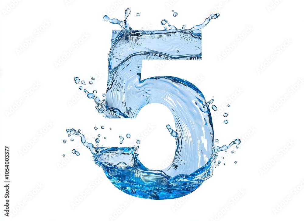 Poster Angular water number 5 splashes and twisted shapes on white background, 3D rendering.