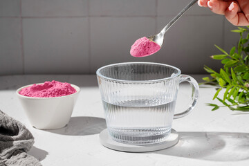Collagen protein powder drink. Glass of collagen beauty drink. Food supplement.