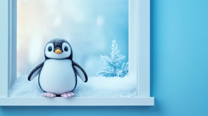 Obraz premium White frame on wall, with a penguin doll looking out a frosty window, creating a cozy winter feel
