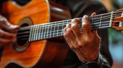 Musician Playing Acoustic Guitar in Close-Up Shot