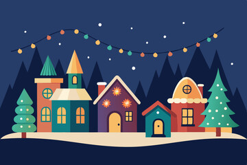 Obraz premium Christmas Village tiny houses and cozy Lights vector illustration
