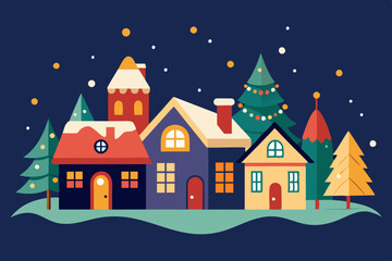 Fototapeta premium Christmas Village tiny houses and cozy Lights vector illustration