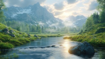 Serene landscape with mountains, river, and lush greenery at sunrise.