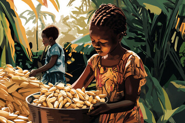 children work on plantations under physically demanding conditions. illustration of child labor with black girl and boy on the field