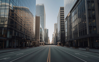 Fototapeta premium Empty city street with tall buildings in grey and blue a deserted urban landscape evoking solitude and quiet 