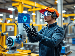 Fototapeta premium worker in a factory uses augmented reality gloves and goggles to interact with a digital interface while monitoring robotic equipment