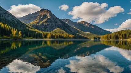 Fototapeta premium Tranquil mountain lake reflecting clouds and landscapes in a serene natural setting during the day in a remote wilderness area