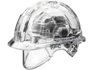 A clear hard hat sits on a black background. It is a safety helmet that is transparent, allowing the wearer to see clearly.