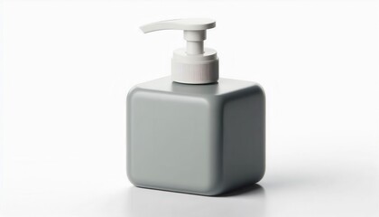 Fototapeta premium A grey pump bottle with a white pump stands alone on a white background.