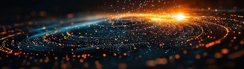 Obraz premium A dynamic visualization of a galaxy, featuring swirling lights and particles, evoking a cosmic and futuristic atmosphere.