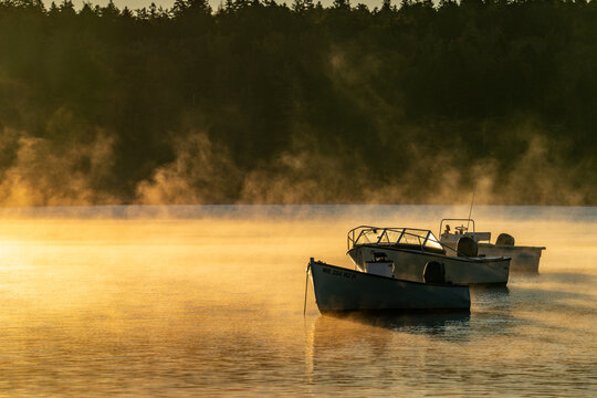 Motorboats on moorings in golden morning mist on a calm harbor, Maine, USA