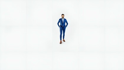 Obraz premium Stylish businessman in a blue suit standing confidently against a white background