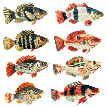 Colorful illustrations of various perch fish showcasing distinct patterns and colors, perfect for educational or decorative purposes