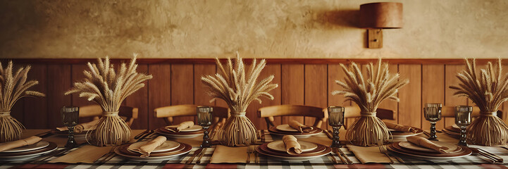 Rustic table setting with wheat and brown tones  evoking warmth and comfort for a cozy autumn gathering   