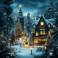 Fototapeta premium A snowy winter scene with a house, Christmas trees, and a clock tower