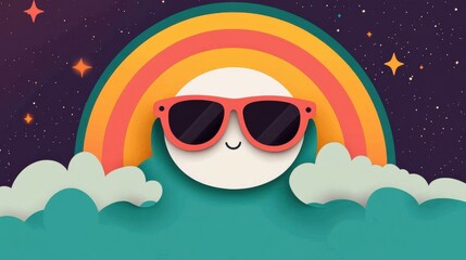 Fototapeta premium Cheerful Cartoon Character with Sunglasses and Rainbow