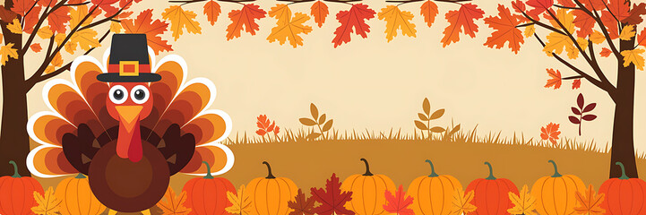 Naklejka premium Happy Thanksgiving illustration with turkey and pumpkins in orange and brown colors 