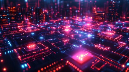 Fototapeta premium Futuristic cityscape with neon lights and digital circuitry.