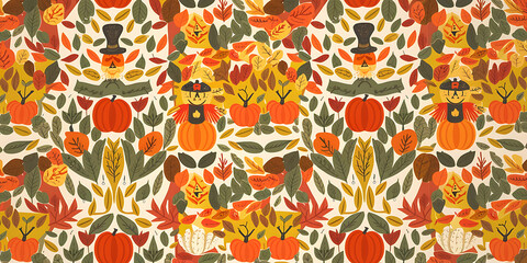 Autumnal Scarecrow and Pumpkins Pattern in Orange and Green  Perfect for Fall Decor and Seasonal Projects   