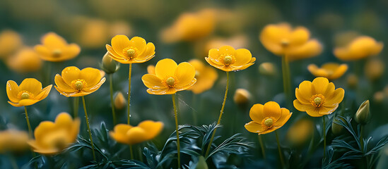 Fototapeta premium Yellow buttercup flower meadow background. Floral spring wallpaper, banner. Nature