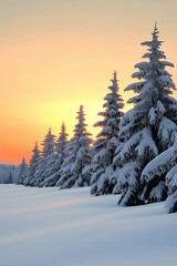 Snow-covered pine trees at sunset in a winter landscape. Concept of winter, nature, beauty.