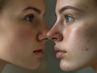 Obraz premium Two women with acne on their faces. One has a lot of acne and the other has a few