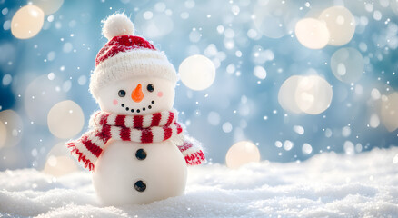 Fototapeta premium Christmas decoration with a cute cheerful snowman in the snow in the winter forest bokeh background. AI generative. 