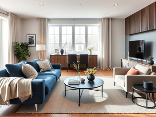Fototapeta premium Bright and modern living room with stylish furniture and natural light in a contemporary home setting