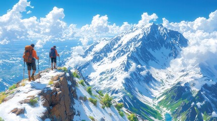 Fototapeta premium Two Hikers on a Mountain Peak Overlooking Snowy Mountain Range