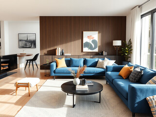 Fototapeta premium Modern living room with blue sofas, wooden accent wall, and stylish decor in a bright, airy space captured in daylight