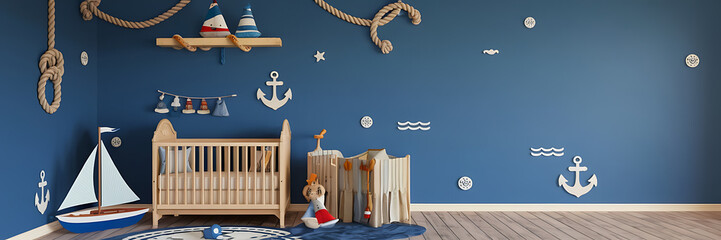 A nautical themed nursery with blue and white decor  perfect for a baby boy   