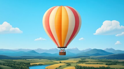 Naklejka premium Colorful Cartoon Hot Air Balloon Floating Above Landscape