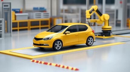Car Production Line with Yellow Robotic Arms in Modern Factory, High-Tech Photorealistic Scene