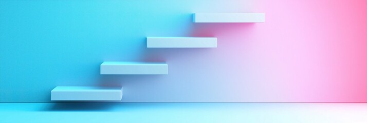 Abstract image of floating white stairs against a gradient blue and pink background.