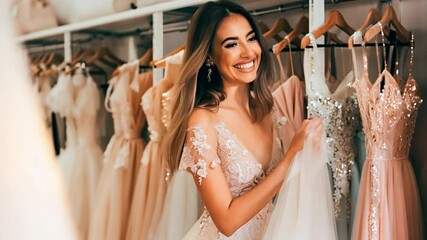 Smiling bride exploring elegant wedding dresses in bridal boutique. Bridal shopping experience with happy bride in glamorous setting.