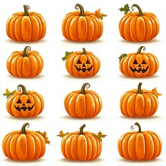 Collection of pumpkins, some carved.