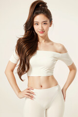 A woman with long brown hair and a white top poses for a photo