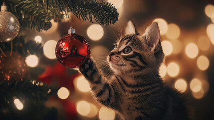 Festive Cat Playing with Christmas Decoration in Soft Lighting