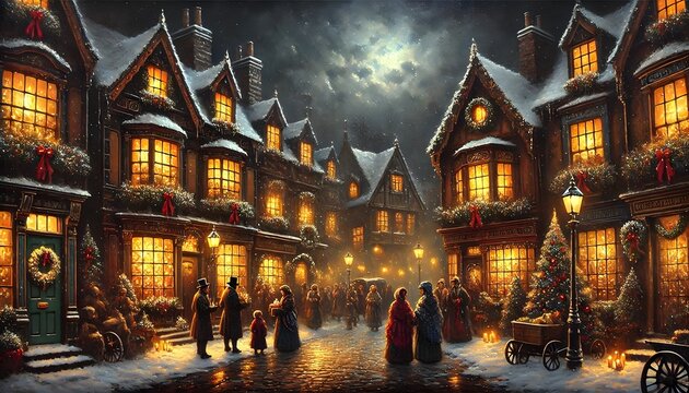 A charming Victorian village at Christmas, illuminated by warm lights and decorated with wreaths, as townspeople celebrate in the snowy evening..
