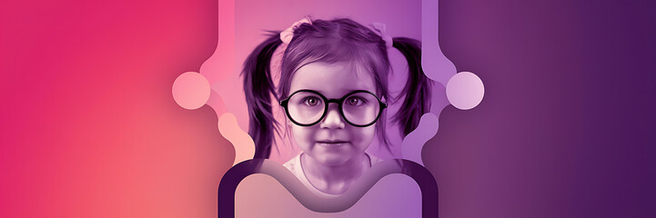 Fototapeta premium Young girl with glasses pink and purple modern playful curiosity childhood innocence 
