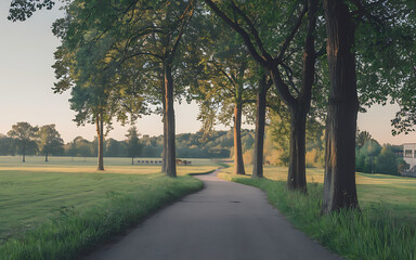 Obraz premium Green trees and a path leading to a green field a peaceful and serene summer landscape 