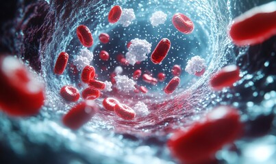 Fototapeta premium 3D illustration of human blood cells flowing through a vein, including red and white blood cells, dynamic and detailed