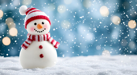 Fototapeta premium Christmas decoration with a cute cheerful snowman in the snow in the winter forest bokeh background. AI generative. 