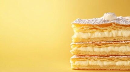 Fototapeta premium French mille-feuille layers with custard filling and icing, with copy space for Dessert Day.