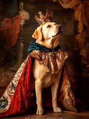 A portrait of a dog wearing historic clothing: Labrador Retriever portrait in clothing