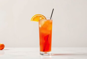 Refreshing orange cocktail in a tall glass with a slice of orange.