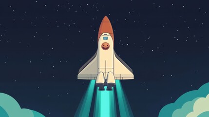 Fototapeta premium Cartoon Robot in Space Shuttle Launching into the Sky