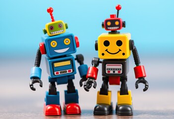 Fototapeta premium Two colorful retro robots smiling against a blue background.
