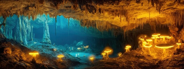 A stunning underground cavern illuminated by blue and orange light, showcasing stalactites, stalagmites, and glowing mushrooms.